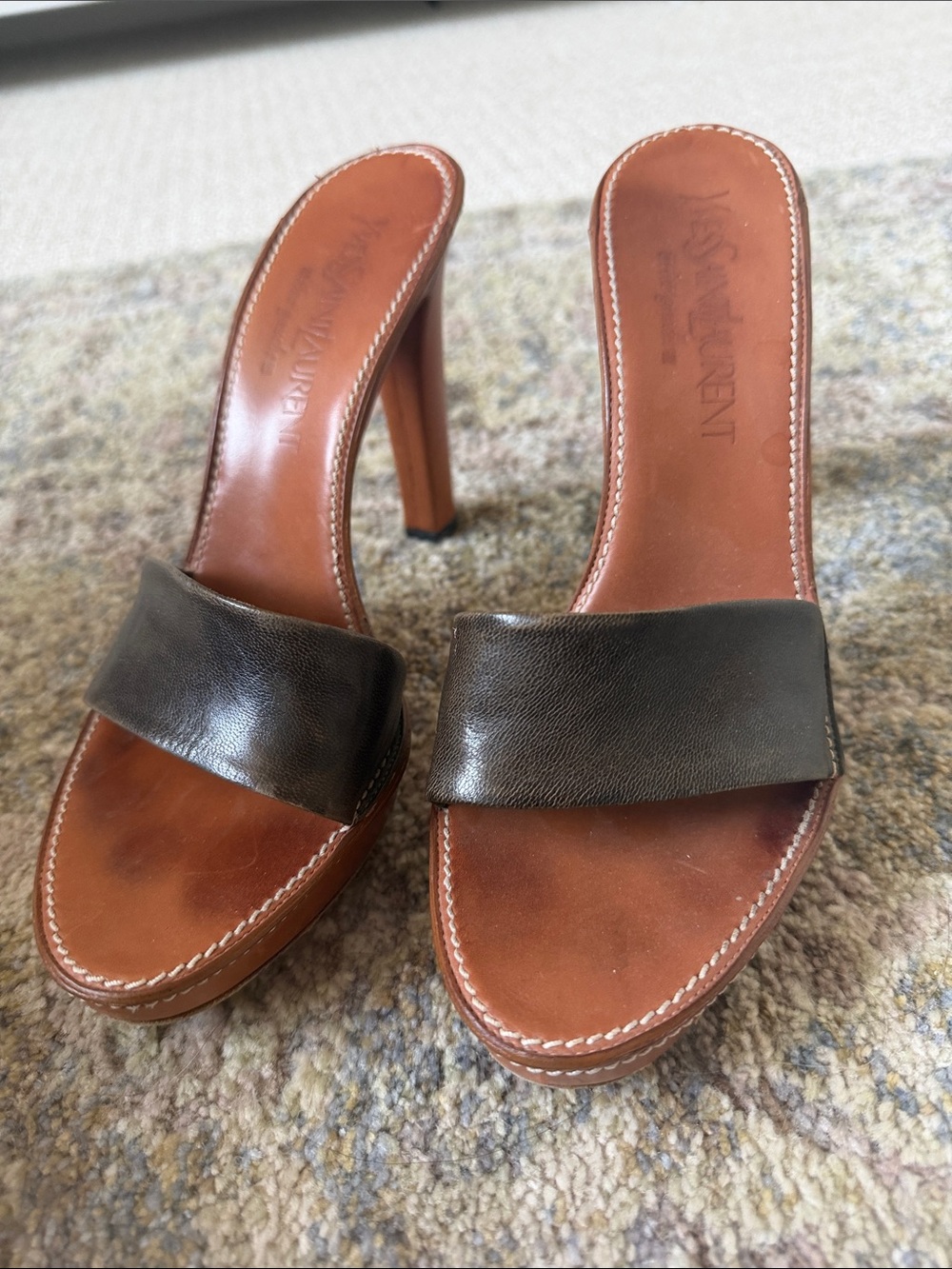 Yves Saint Laurent Brown Leather Slide Mules with Black Strap